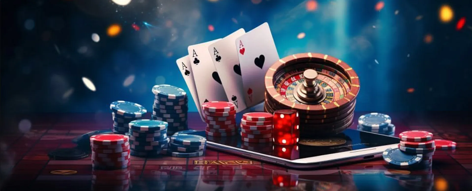 Dynamic online casino background with vibrant lights and gaming elements